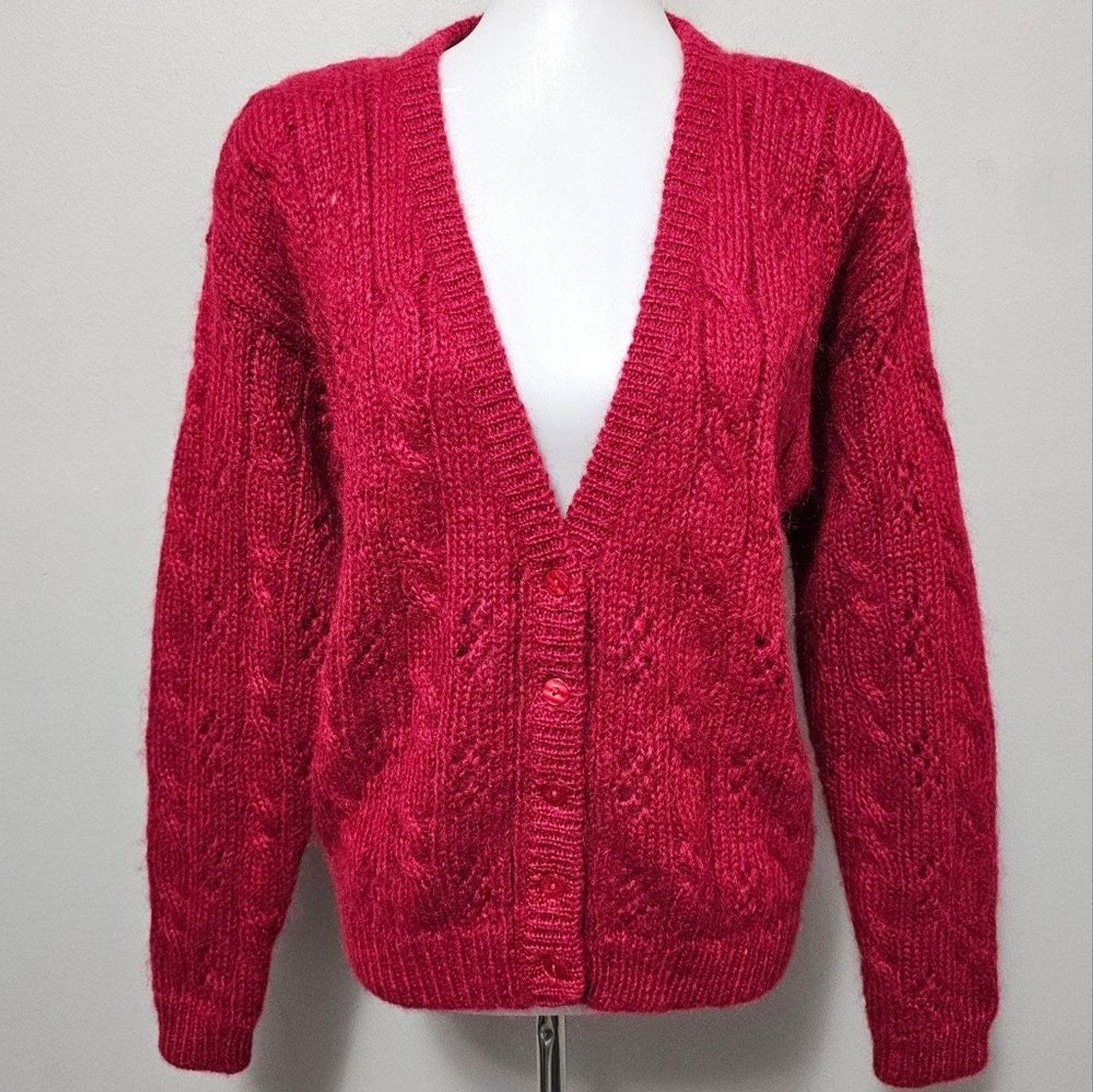 Vintage Portraits Northern Isle Red Mohair Blend Pointelle Cardigan Size Small