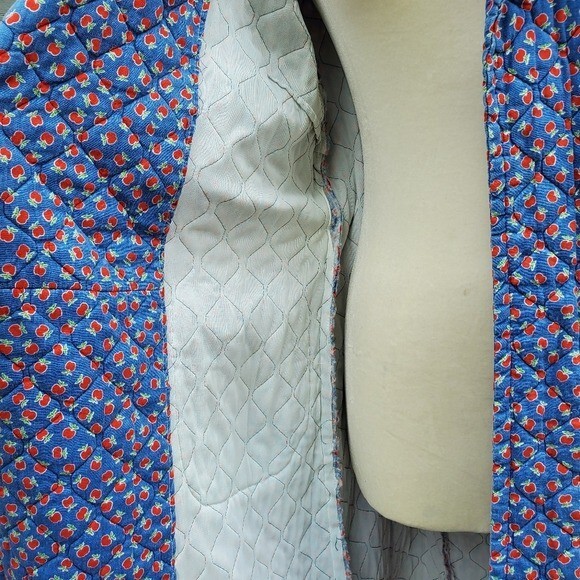 Vintage 70s Handmade Blue Red Apple Quilted Belted Housecoat Robe Trench Coat