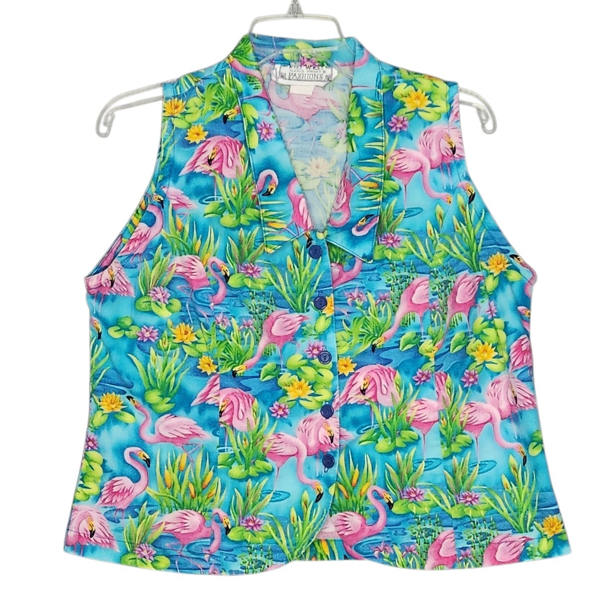 VTG Key West Hand Print Fashions Sleeveless Top Flamingos Aqua Blue Pink Florida