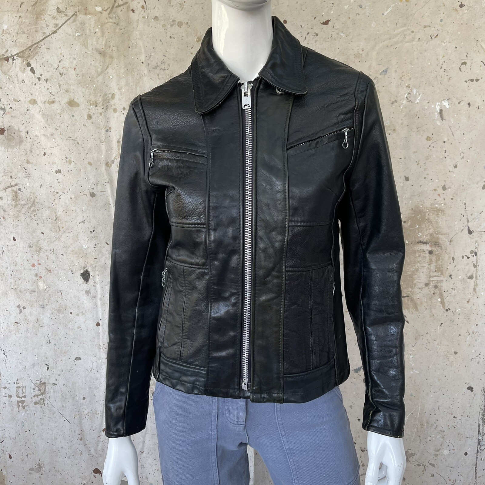 Vintage 60’s/70’s Black Leather Motorcycle Jacket Metal Talon Zipper, Womens S/M
