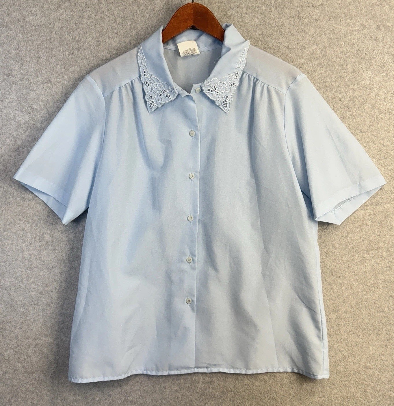 VTG Nikki Size 14 Light Blue Short Sleeve Blouse Eyelet Lace Collar Made in USA