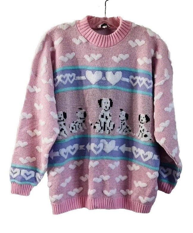 Vintage Adele Knitwear Sweater Dalmatian Pastel Hearts 80’s Pink White Purple XL