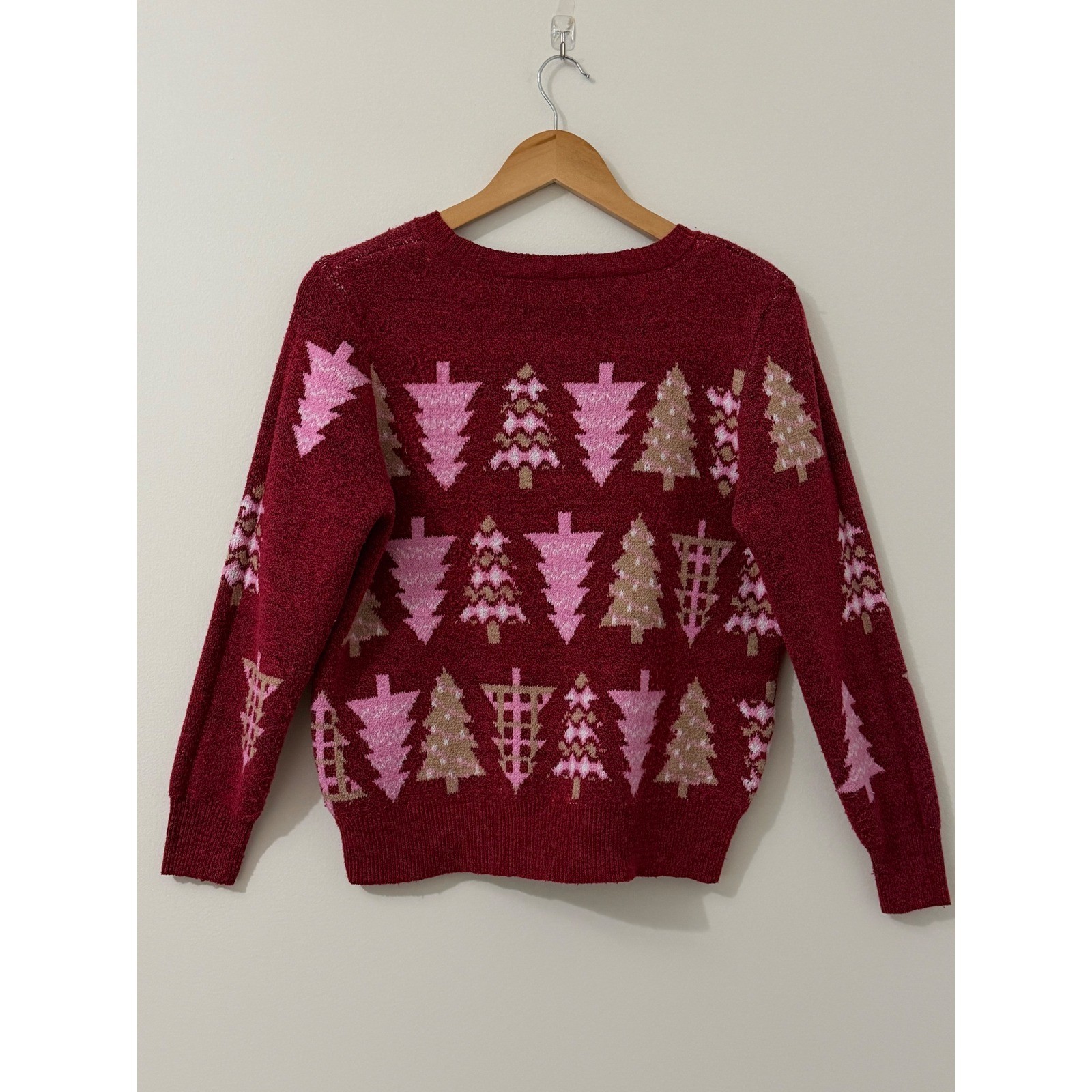Holiday Time Burgundy Pink Christmas Tree Gold Sequin Sweater L Cozy Ugly Party
