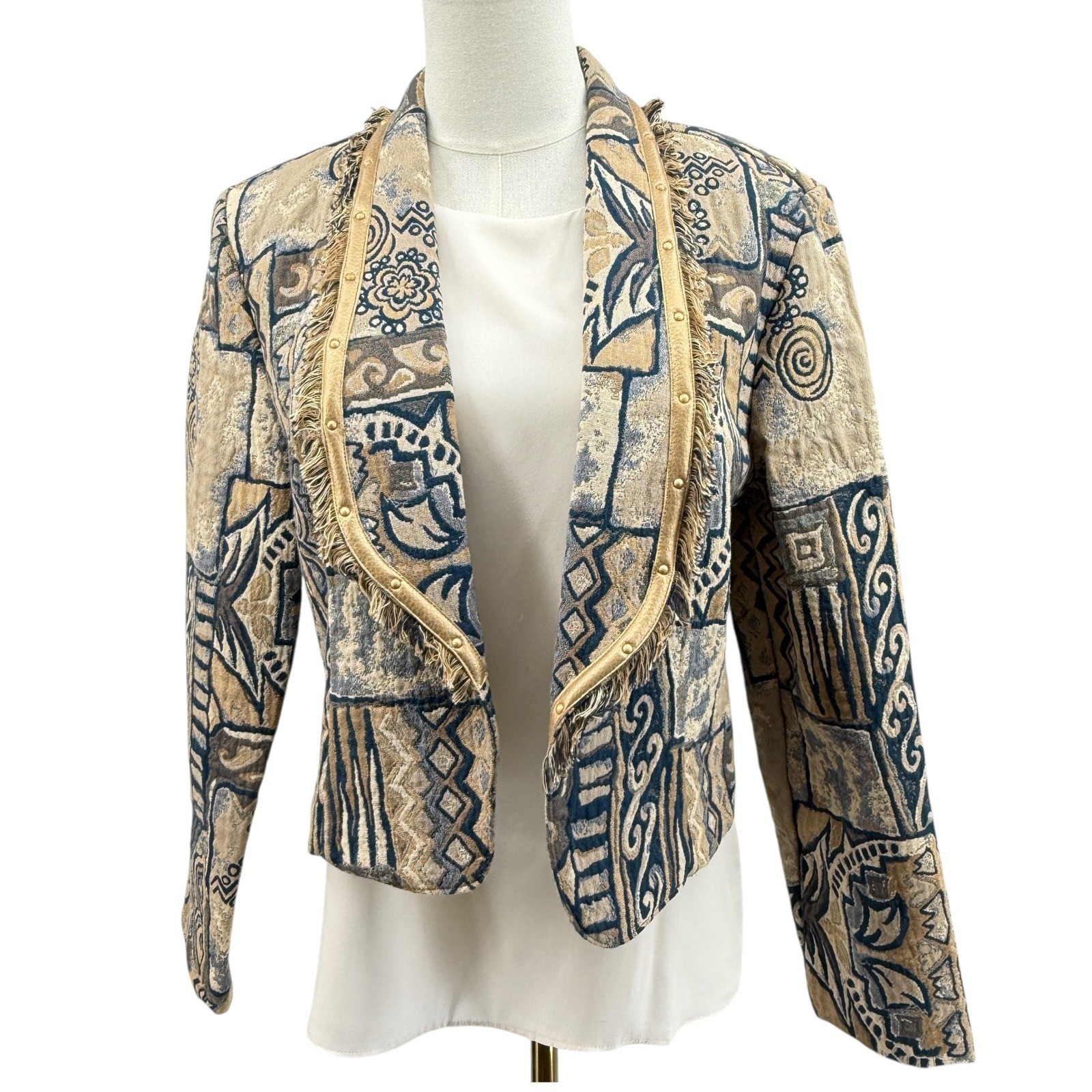 City Girl Sport Women’s Tapestry Jacket Cropped 90s Blue Tan Fringed Size 6