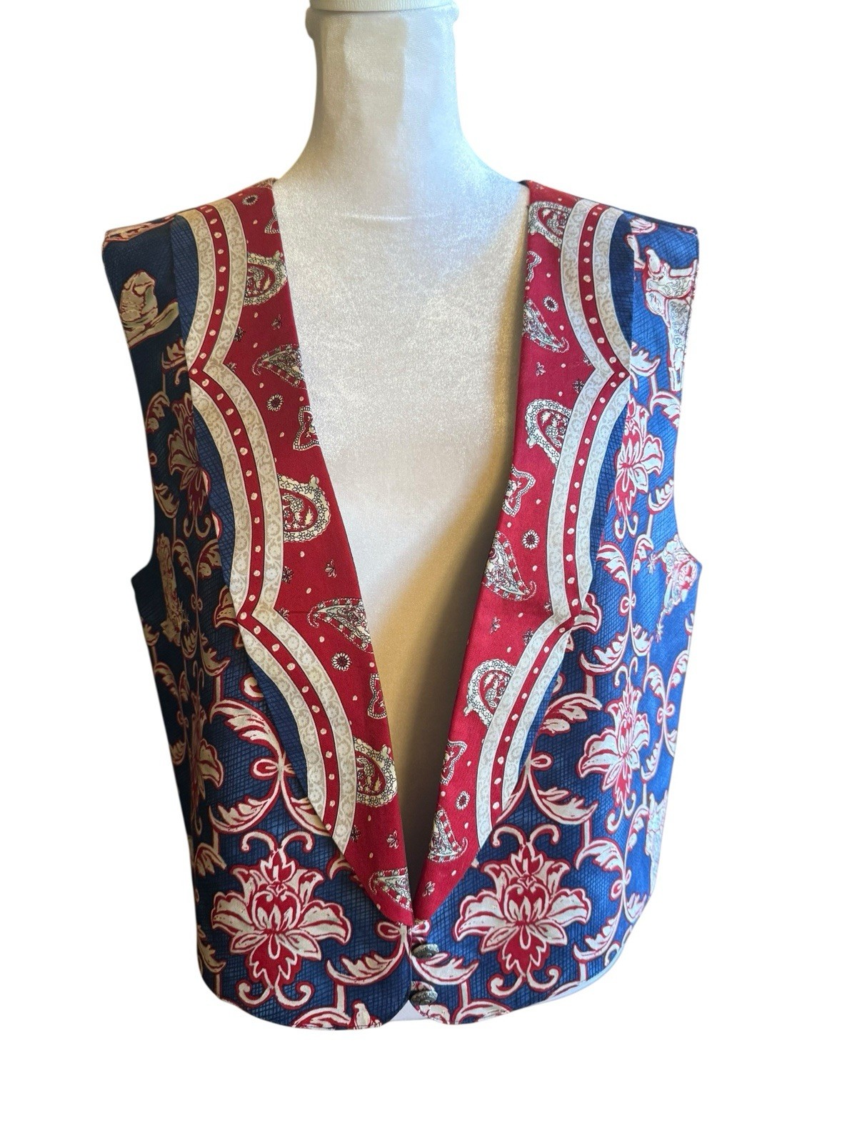 Vintage Sharon Young Vest Western Cowboy Hat Spurs Rodeo Print Blue Novelty L