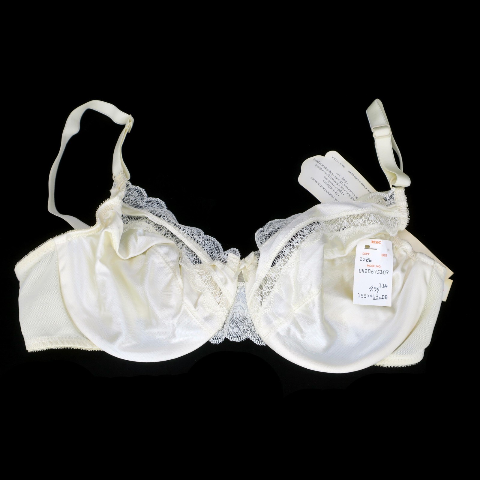 Vintage Vanity Fair 75-110 Ivory Nylon Lace Underwire Bra Women’s 36C NOS