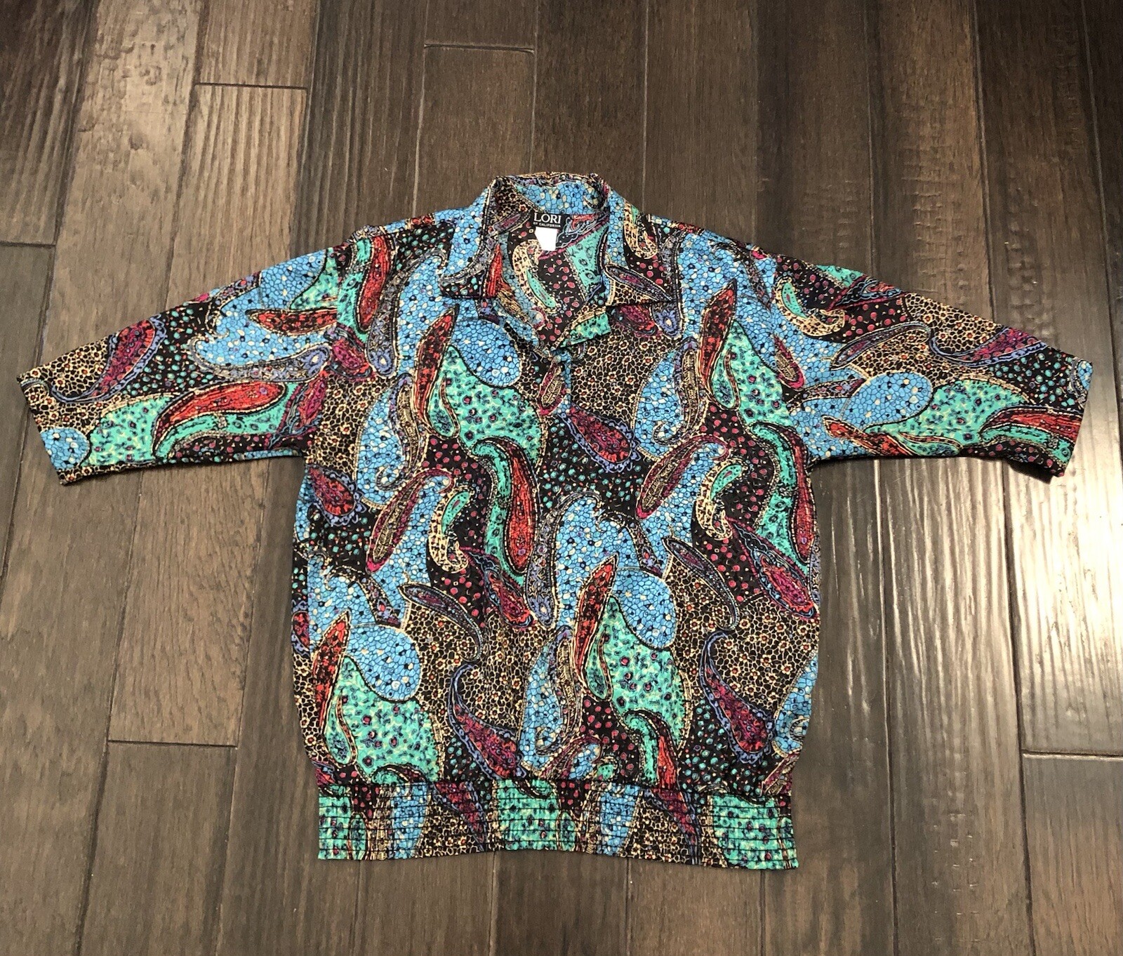 Vtg Lori Of California Blouse Womens Multicolored Paisley Sz 12 Smocked Waist