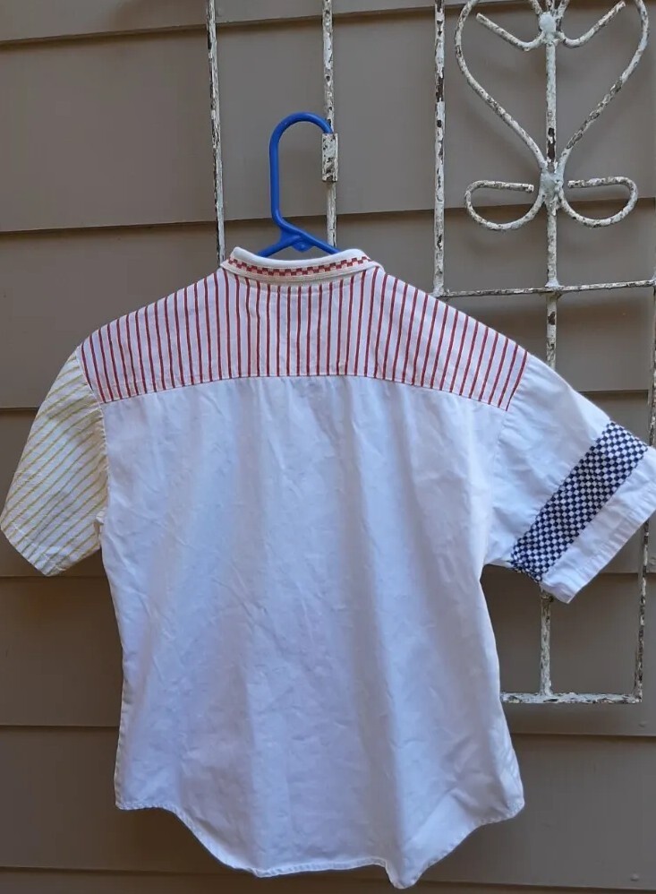 Vtg 70’s Womens Shirt Hang Ten Sport White w/ Block Stripe & Checkerboard Med
