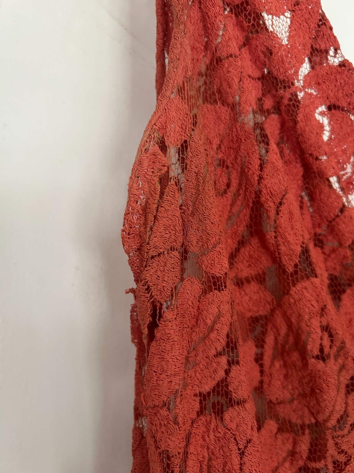 Vintage 30’s long coral lace sleeveless dress matching fur trim lace cape XS-S
