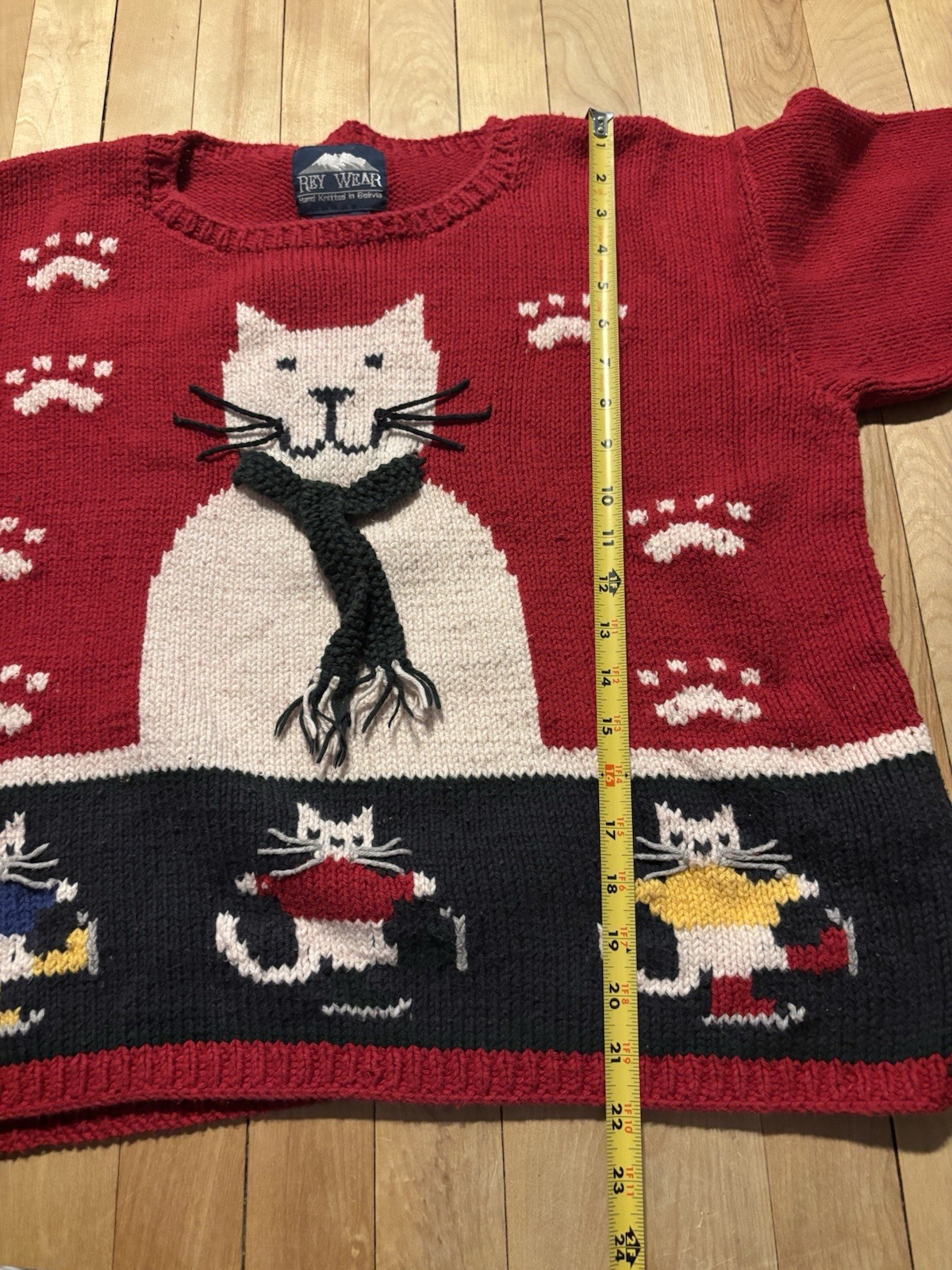 Vintage Rey Wear 100% Cotton Hand-Knit Sweater Cat Christmas Holiday winter XL