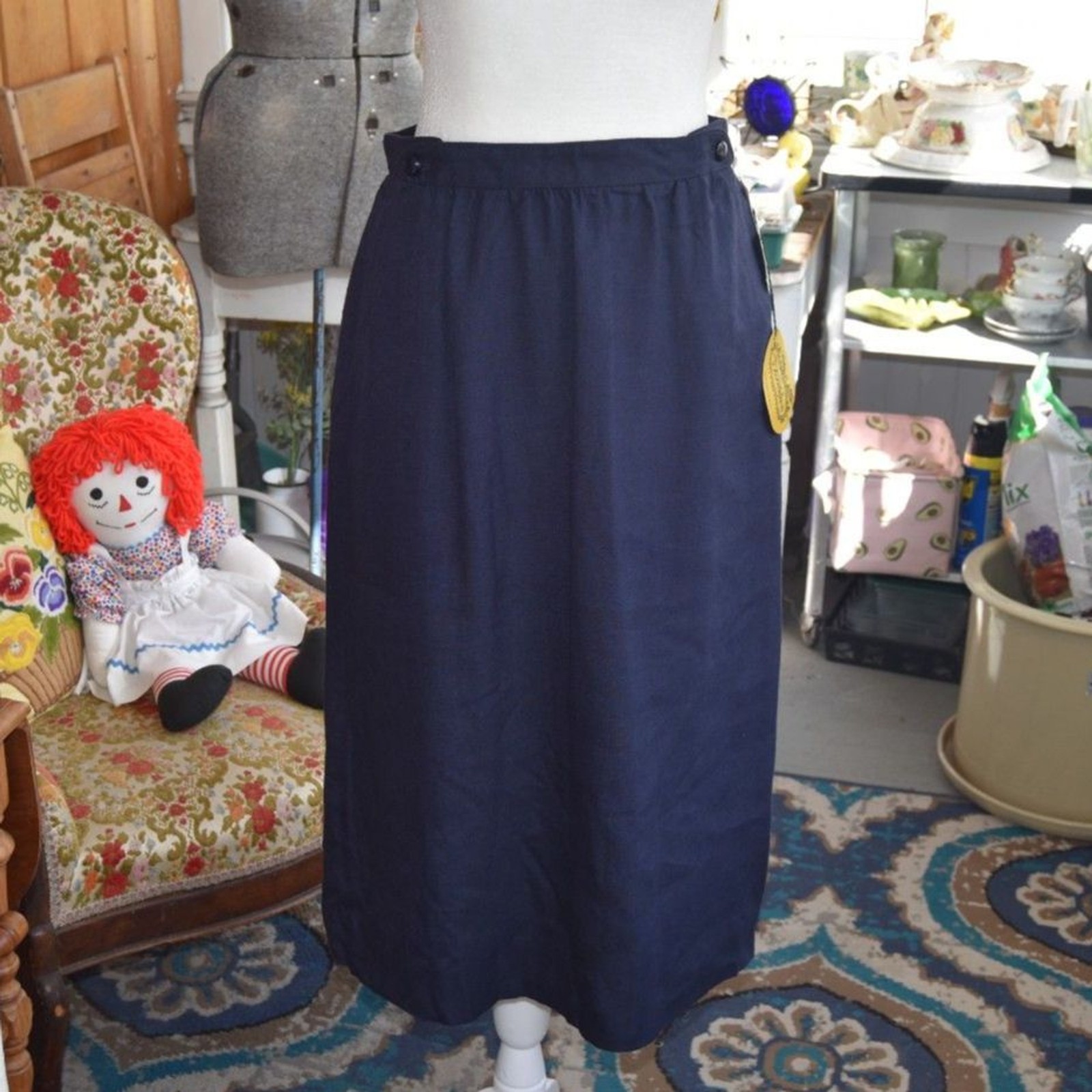 Vintage 80s 90s The Villager Navy Viscose Linen Midi Skirt NOS Size 10