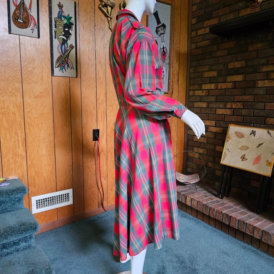 Vtg 80s Tartan Plaid Rockabilly Cowpunk Shirtwaist Full Skirt Swing Dress L/XL