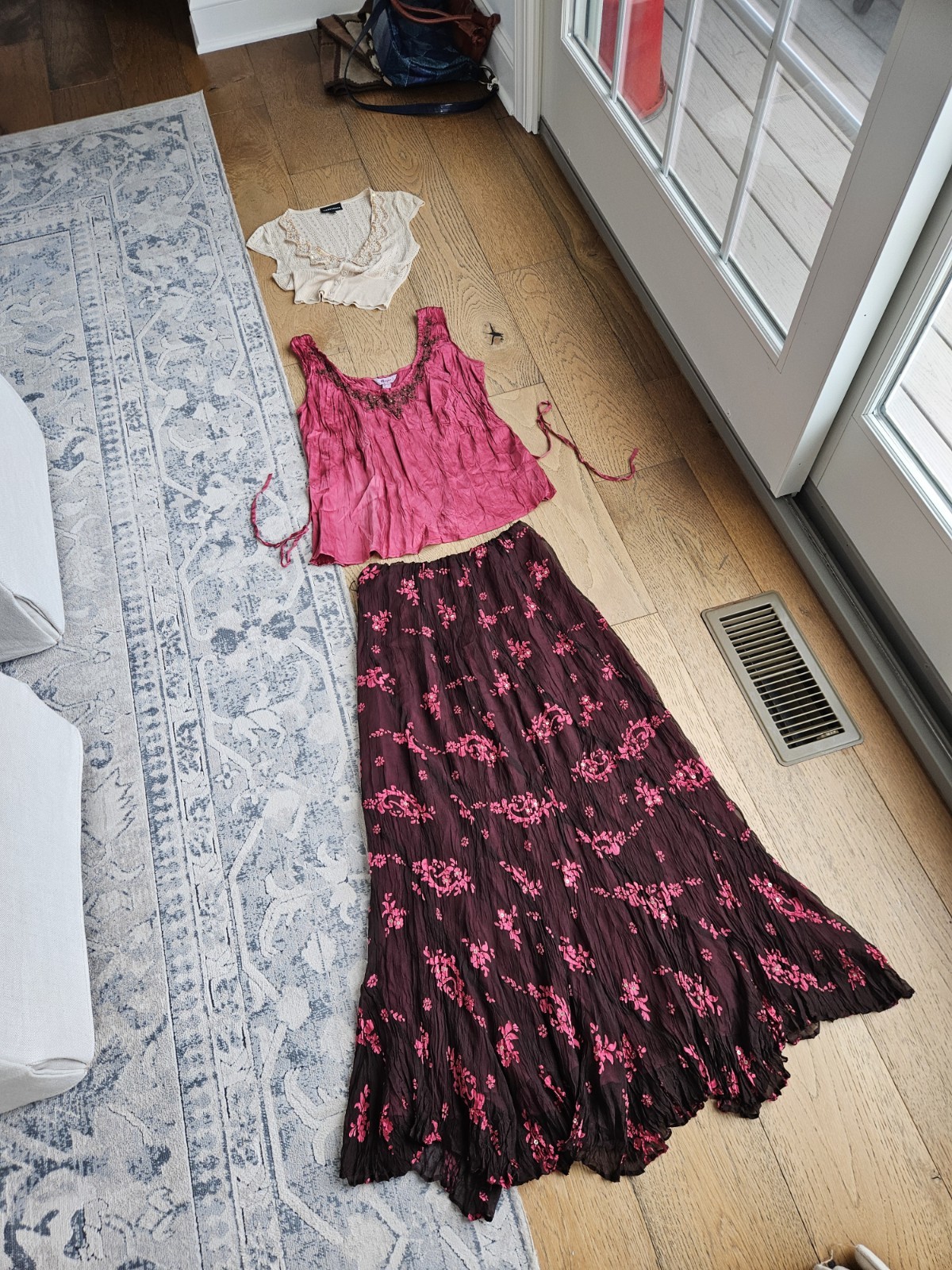 VTG Y2K Monsoon 100% Silk Embellished Rhinestone Bias Cut Cami Top And Skirt Set