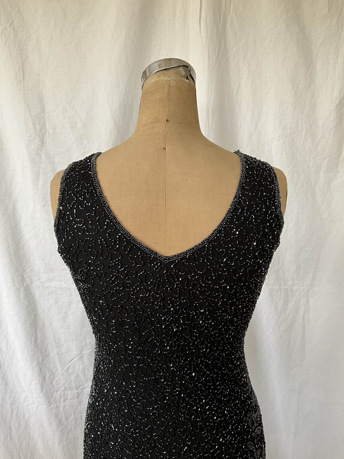 Vintage Black Beaded Silk Slip Long Dress Size XS Missing Label Mint Condition