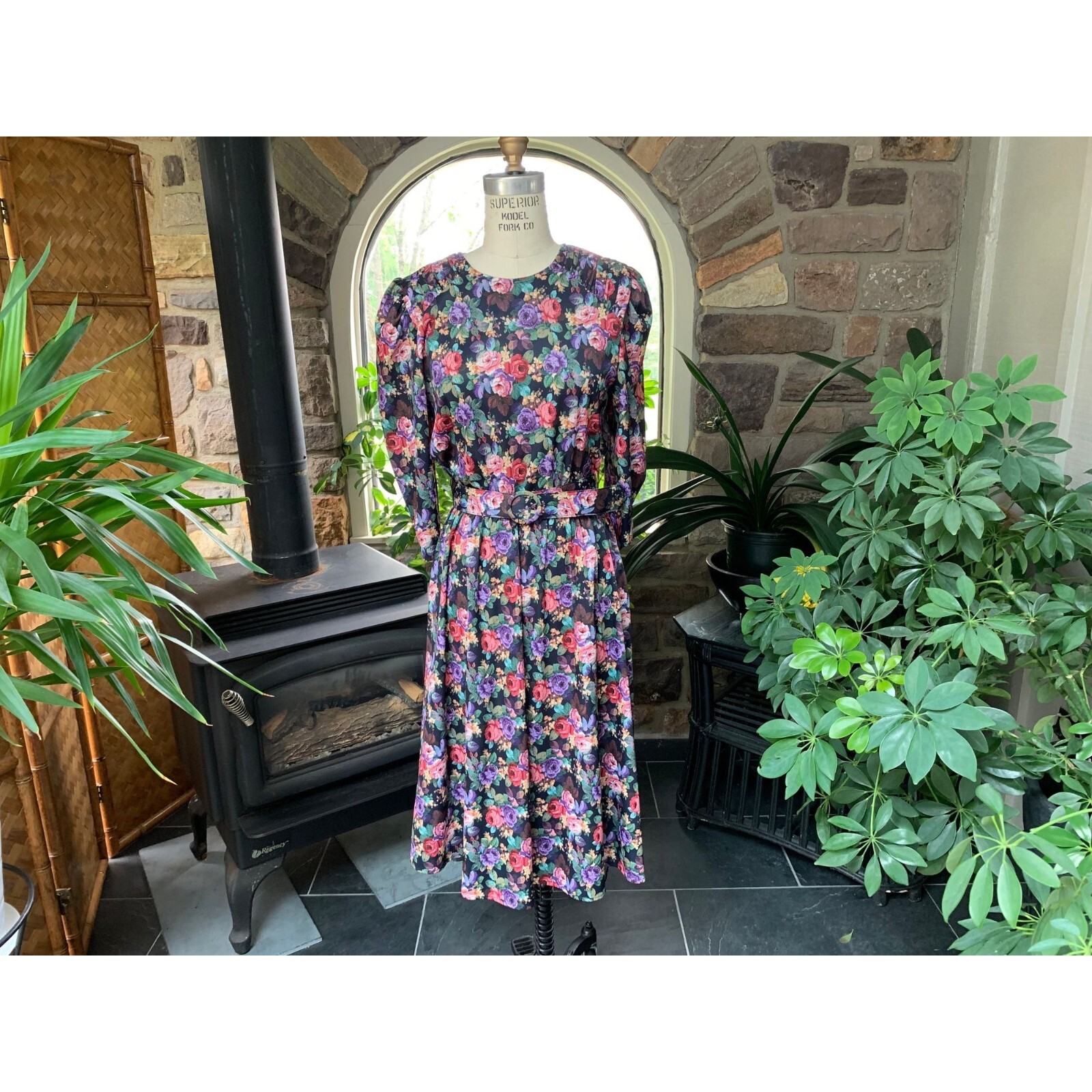 Vintage 1970s Black Floral Silky Knit Dress with Belt Tabby of California
