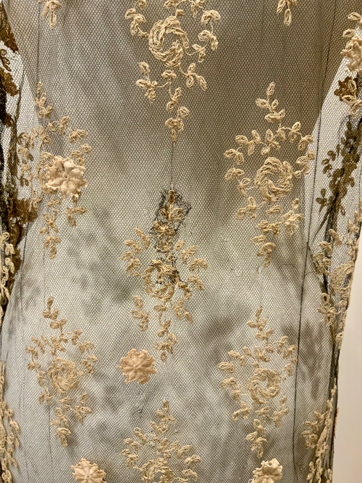 Rare 1920s French Lace Dress. Black Net & Pink Floral Embroidery. Restored S