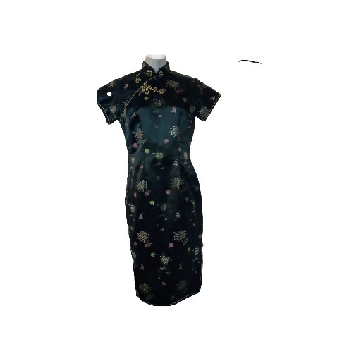 Vtg 60s Peony Brand Shanghai Black Rayon Silk Floral Mandarin Dress Size 34