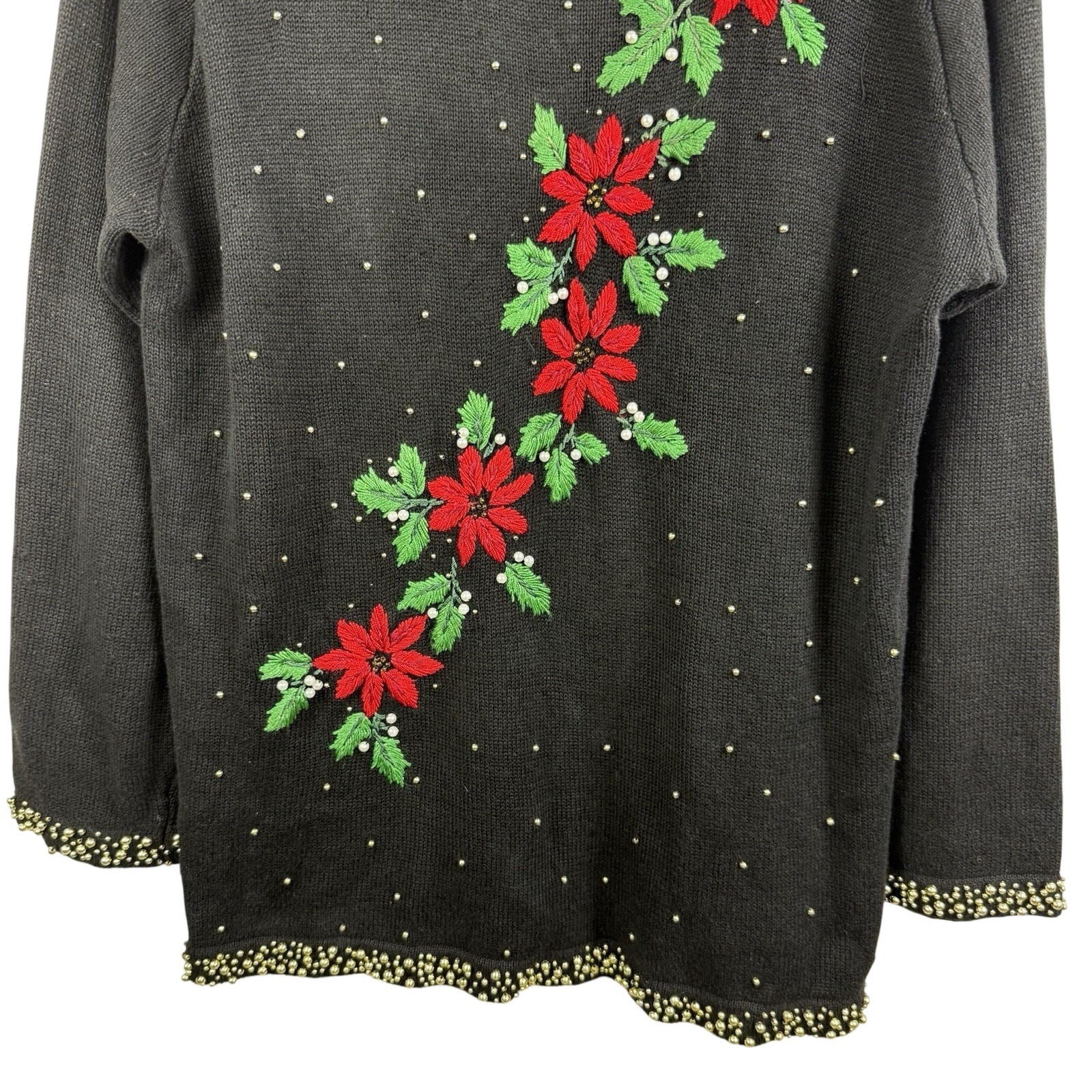 Vintage 90s Beaded Black Embroidered Poinsettia Sweater Large Holiday Christmas