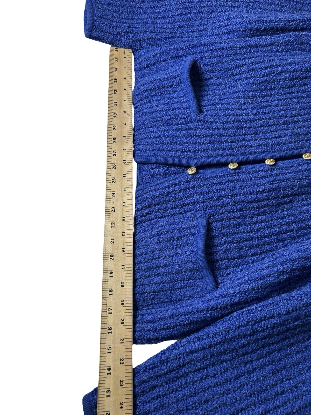 VTG TANNER Boucle Cardigan Sweater Size XL Royal Blue Gold Button Twee Hong Kong