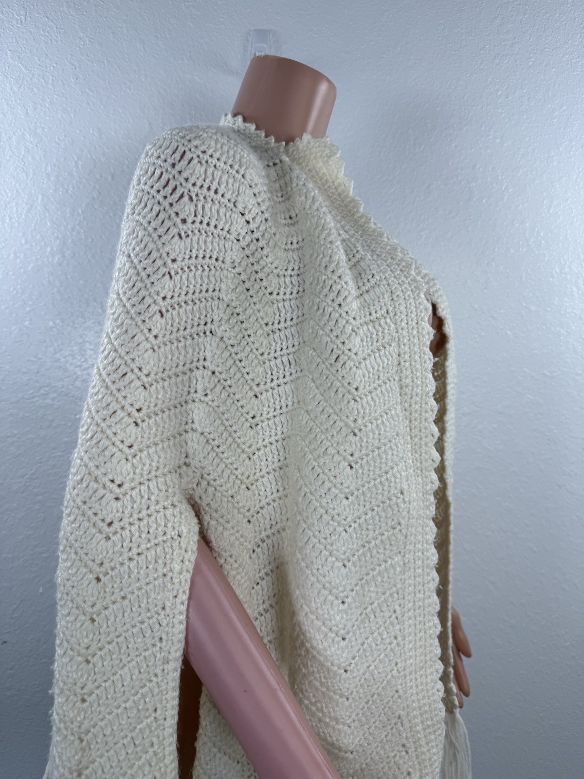 70s Vintage Crochet Off White Poncho Shawl Handmade Knit Wrap Boho Crocheted