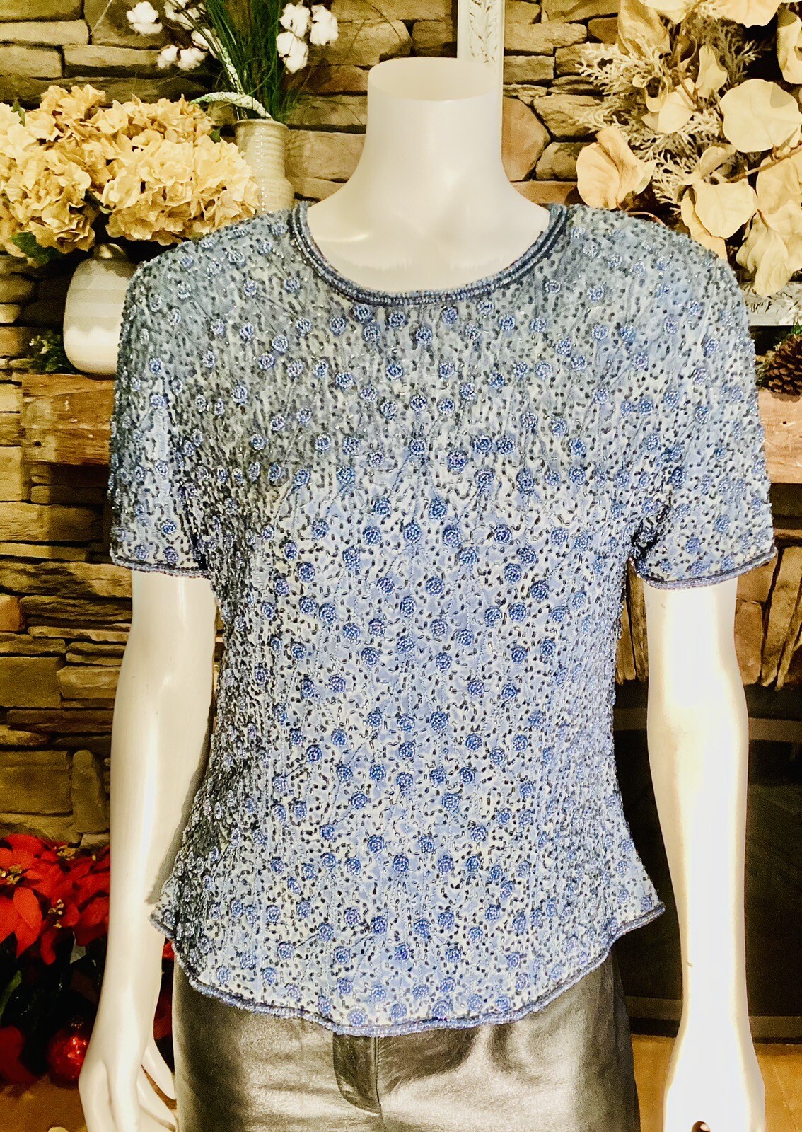 Vintage Adriana Paperll Beaded Cocktail blouse Light Blue Sz 8 Party Blouce