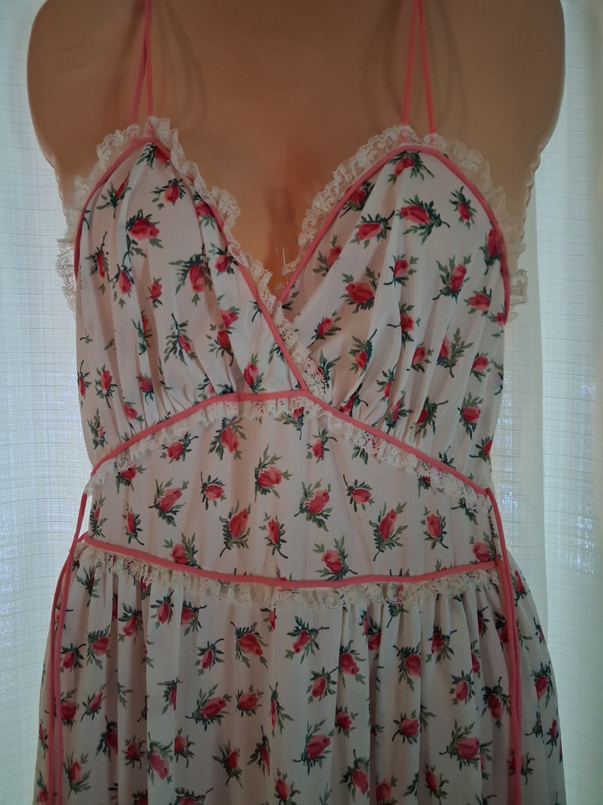 Vintage 1950s Nightgown Sheer Nylon Sundress Roses Rockabilly 34 Lingerie S/M