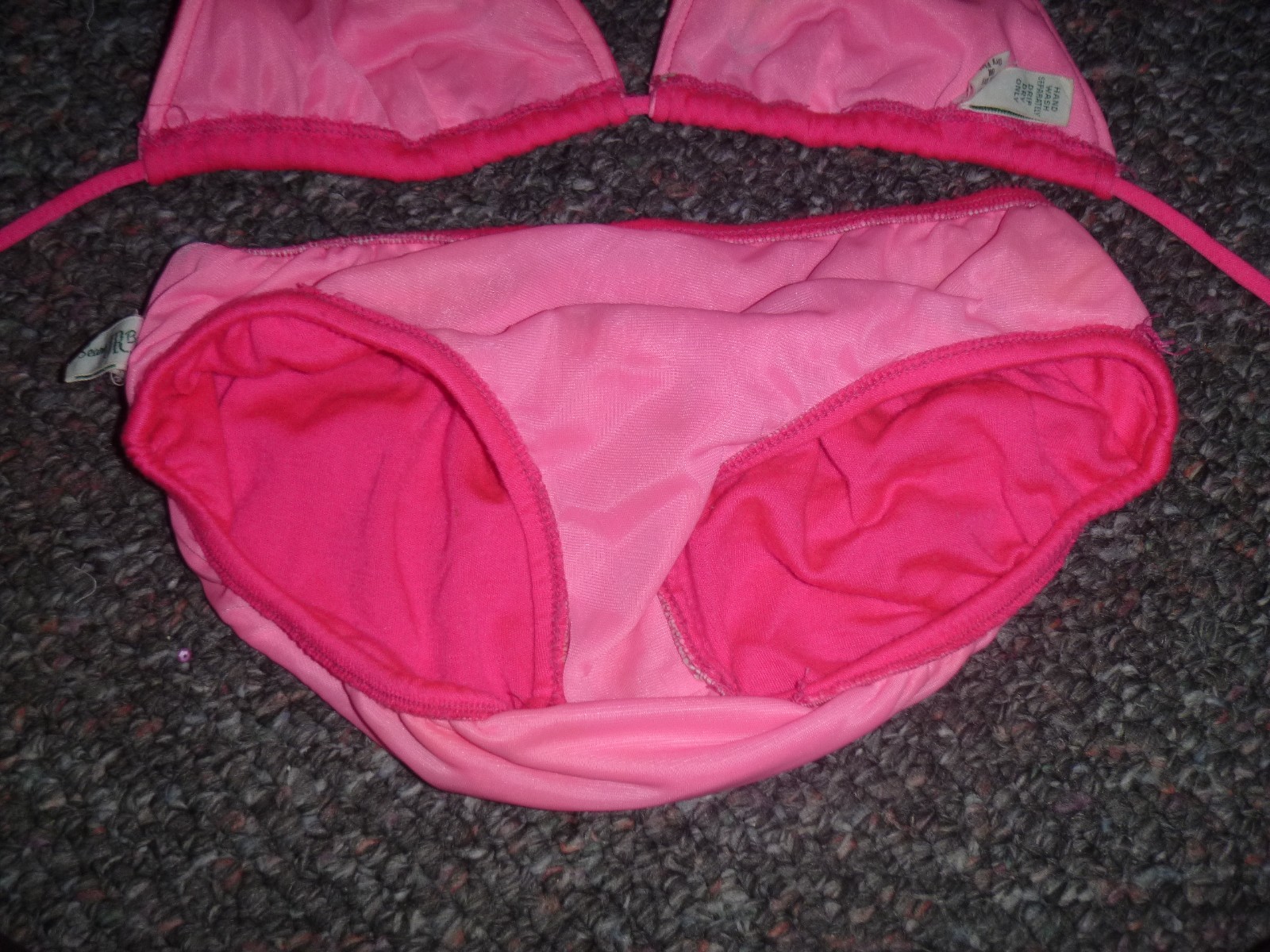 Vtg 70s Sears Jr Bazaar Hot Pink Knit Bikini Embroidered Flowers Heart Sz S