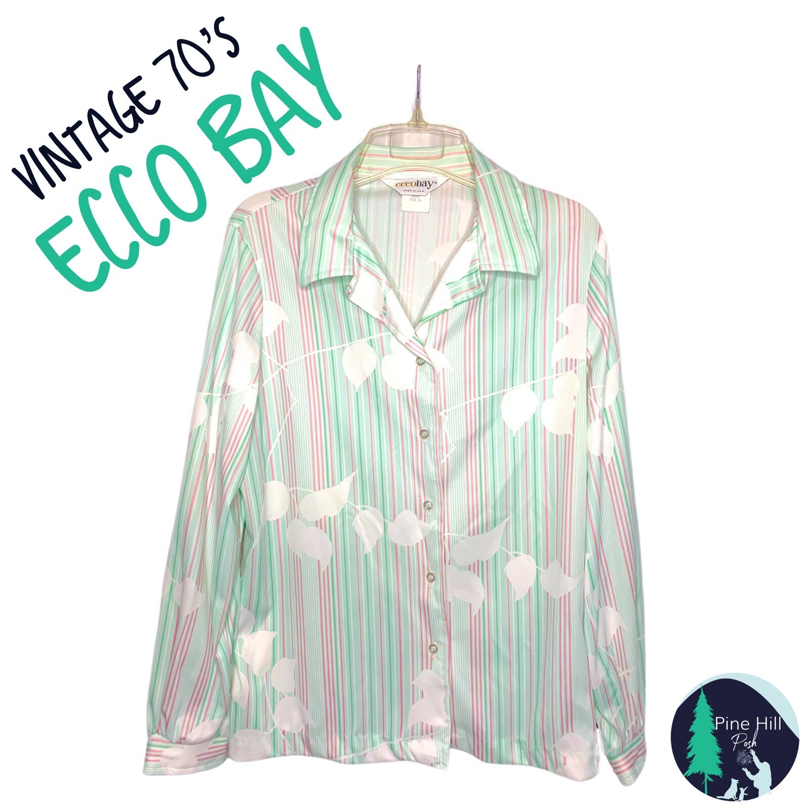 Vintage 70s Eccobay Shirt Large Pink Green Stripe Floral Button Up Disco Hippy