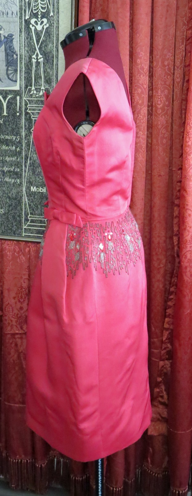 1950s 1960s Hot Pink 100% Silk Beaded Cocktail Party Dress Marjorie Michael S