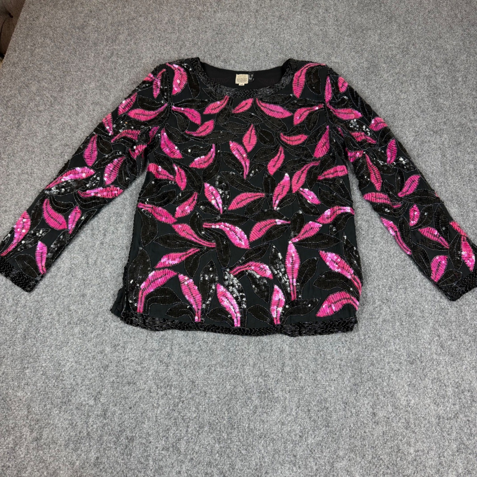Vintage Made in India Silk Beaded Sequin Pink Black Long Sleeve Shoulder Pad Med