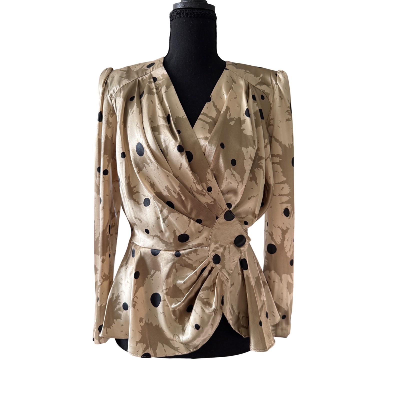 Vintage Damon Women’s Petite 80s Polka Dot Peplum Blouse Satin Size 6 Retro