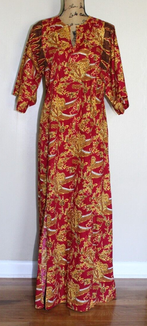 Vintage Tiki Togs Suva Fiji Hawaiian Red Gold Maxi Dress Caftan Women’s M