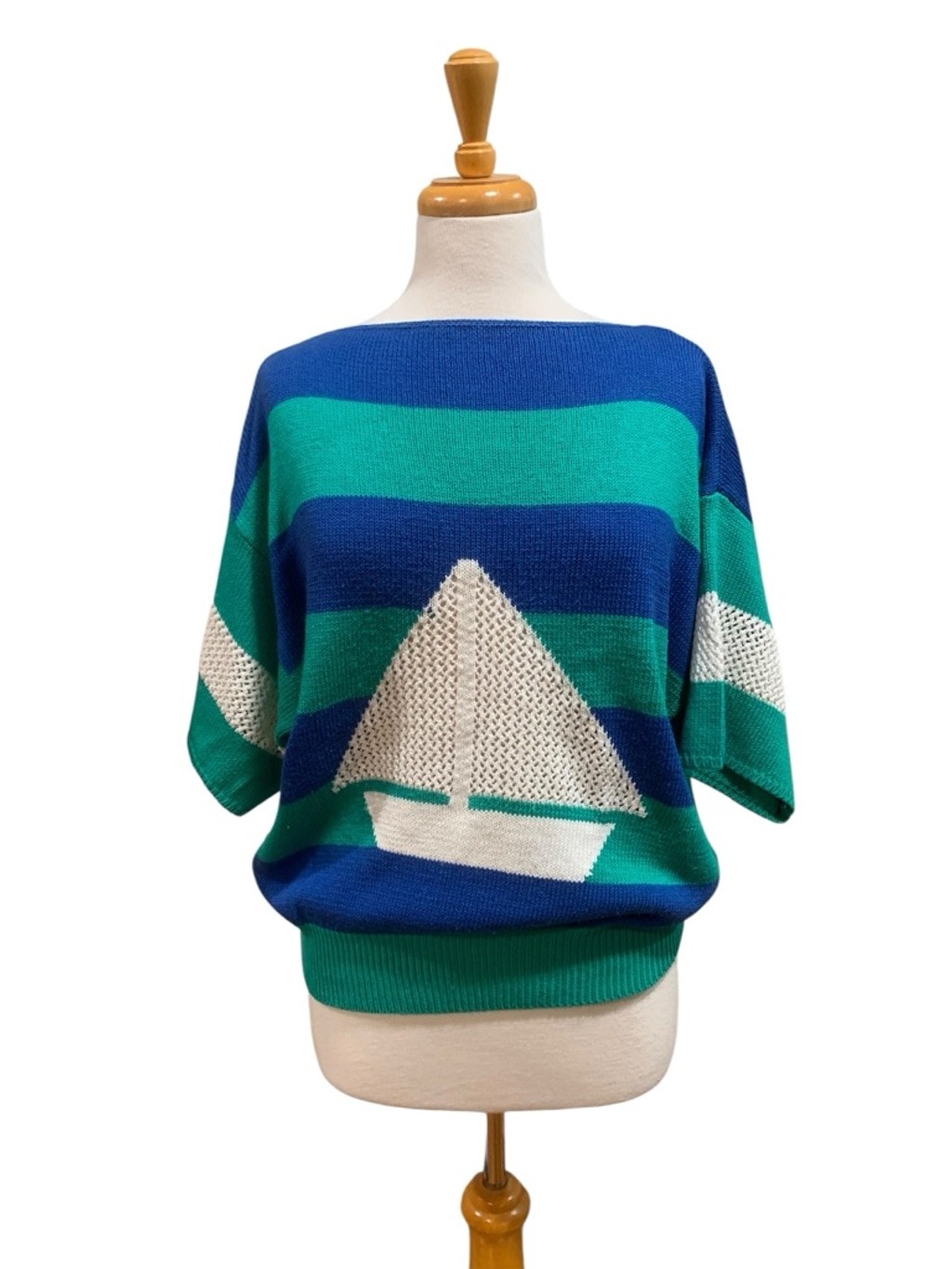 Vntg 80’s Catalina Blue Green Striped Sailboat Crew Neck Sweater L