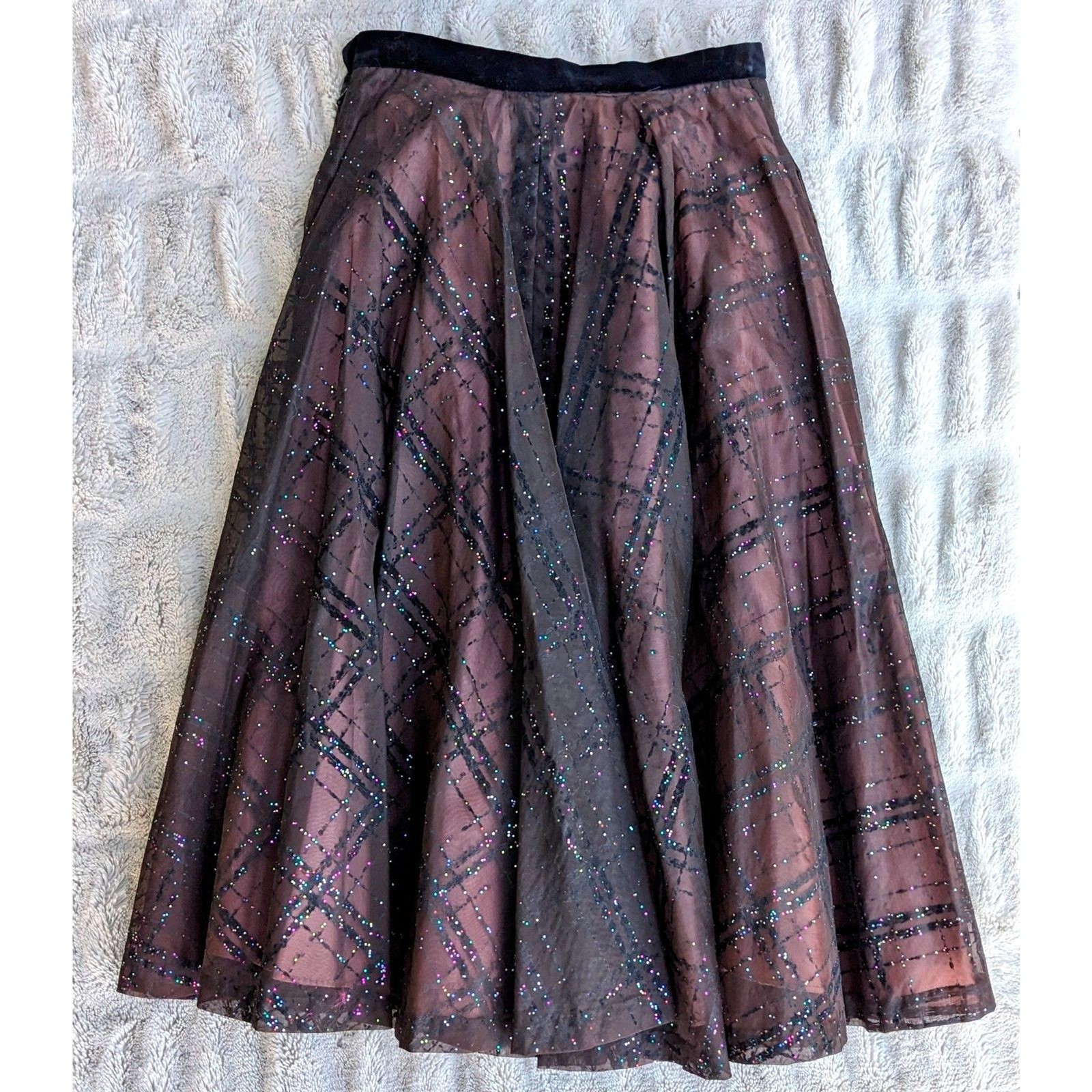 VTG Velvet Flocked Organza & Satin Glitter Embellished Evening Circle Skirt, 2/4