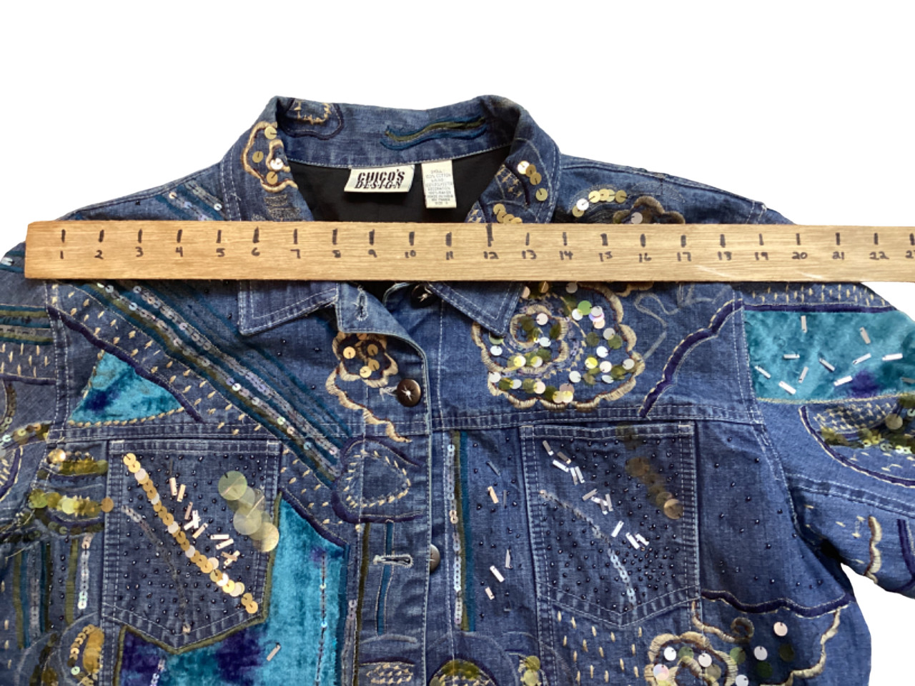 Chico’s Designs Denim Jacket Womens 3 Sequins Embroidery Beaded Boho 80’s Vtg