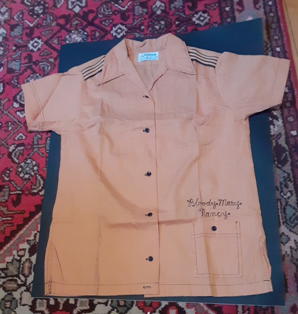 Vintage womens Sz 34 Hilton bowling shirt Adv. Itel Corp. Bloody Mary Nancy name