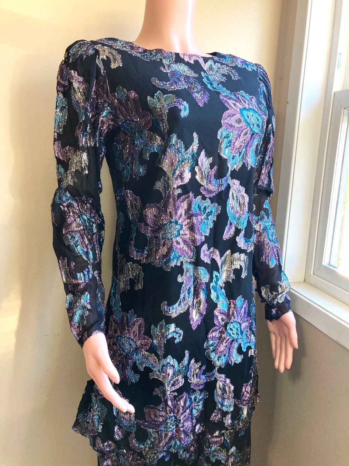 Vintage 80s Retro Flapper Midi Dress M Ursula Switzerland Iridescent Lurex Black
