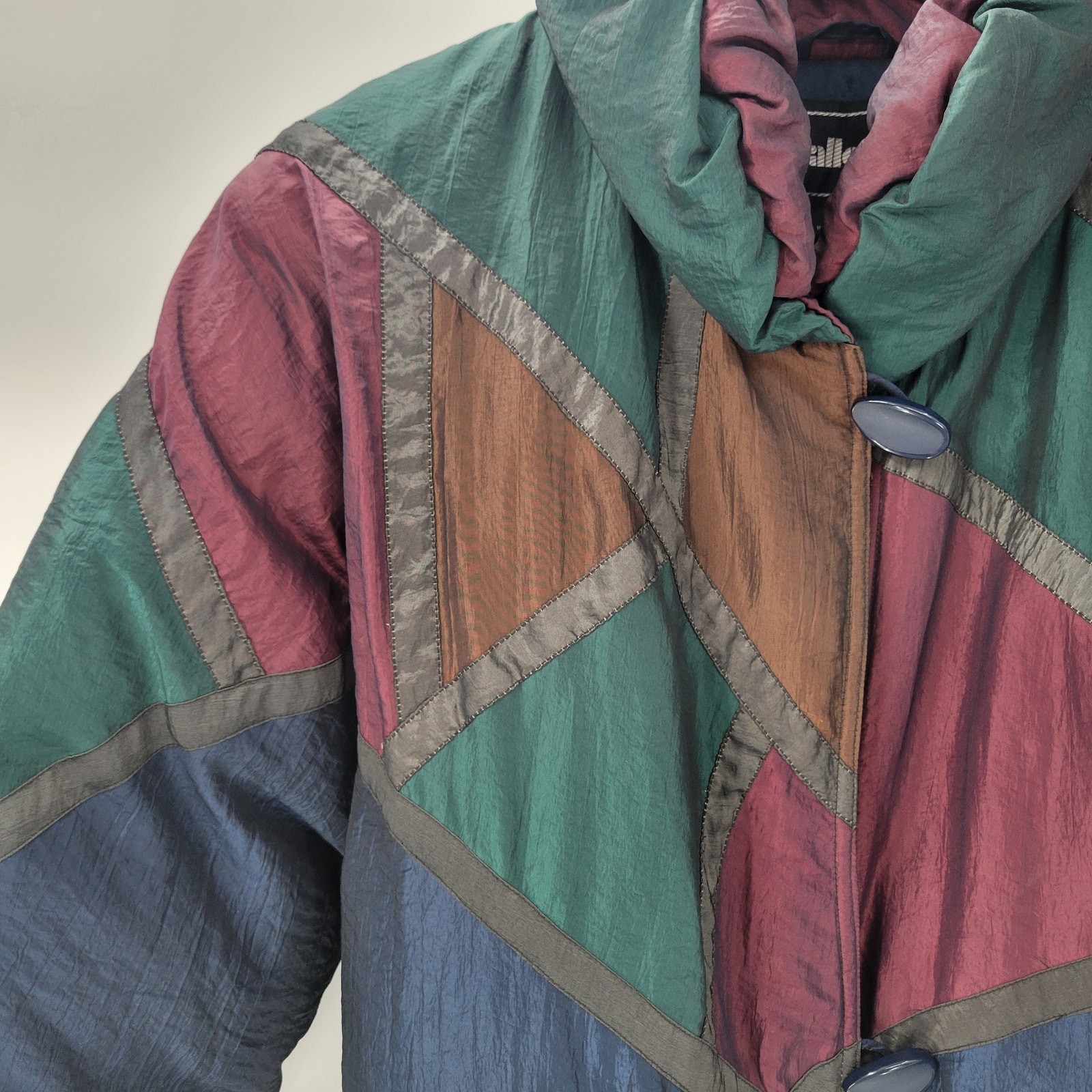 Vintage Down Fill Long Puffer Coat S Blue Red Geometric Colorblock High Collar