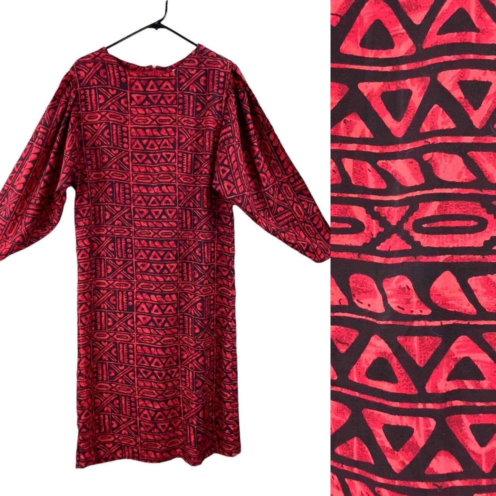 Vintage 90’s Rayon Batik Puff Batwing Sleeves Midi Dress Size S Red Boho