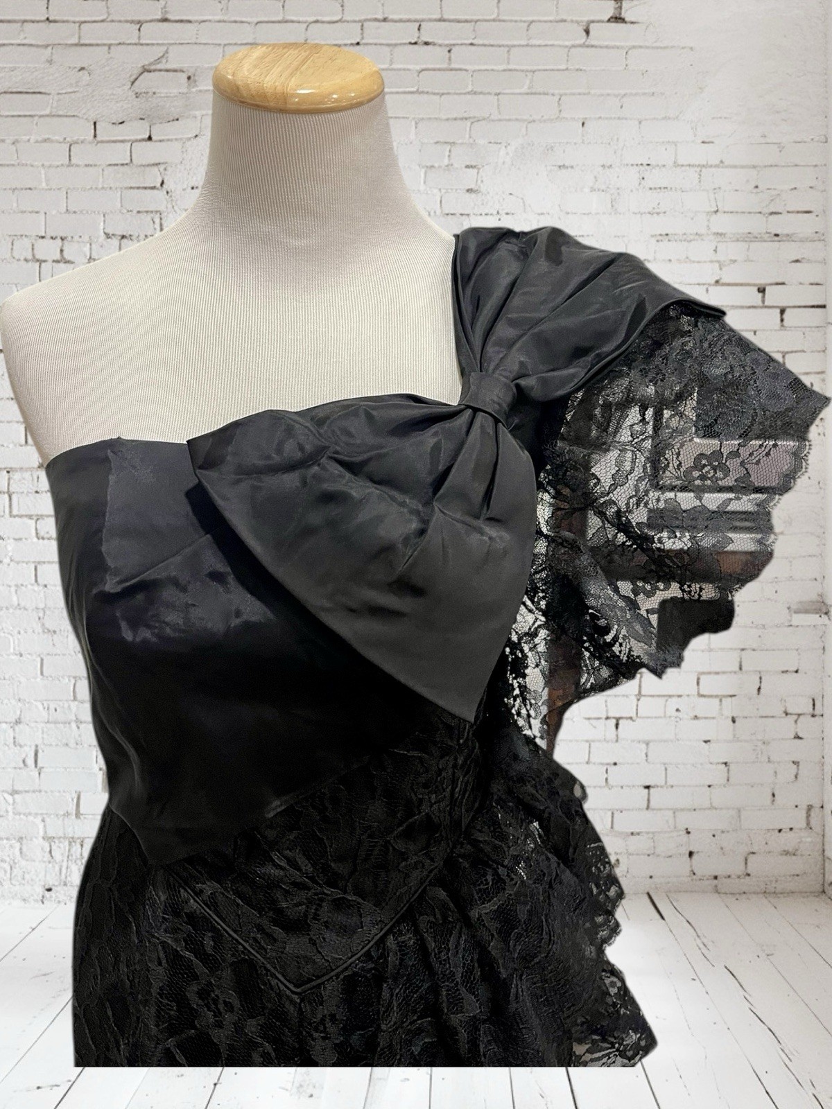 Vtg Climax Karen Okada David Howard Lace Black One Shoulder Bow Party Prom 3/4