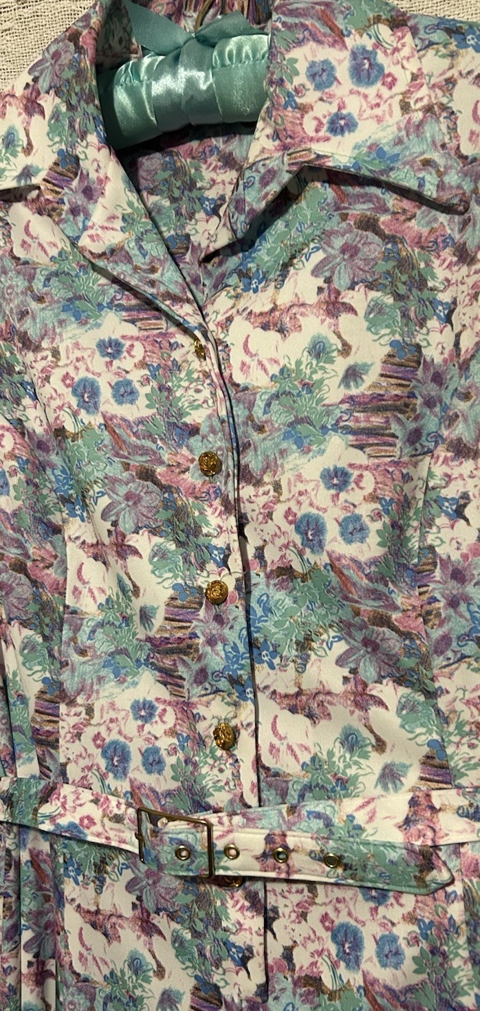 Vintage 60s Dress 10 Stretch Knit Belted Floral Print Boho Garden Party Maxi S/M