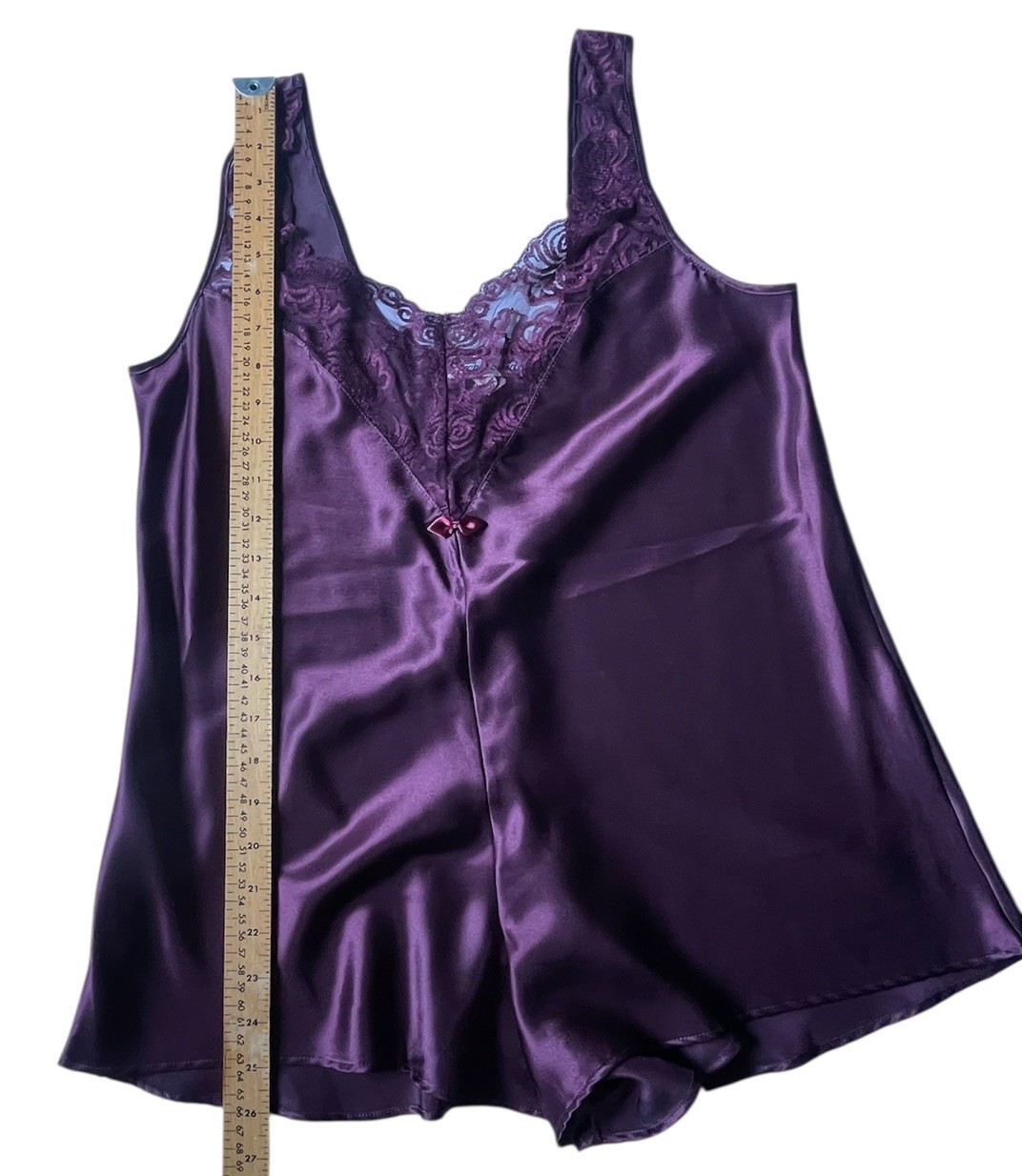 Vintage Burgundy Wine Satin Romper Slip TEDDY Lingerie Lace Snap Crotch Sz Sm