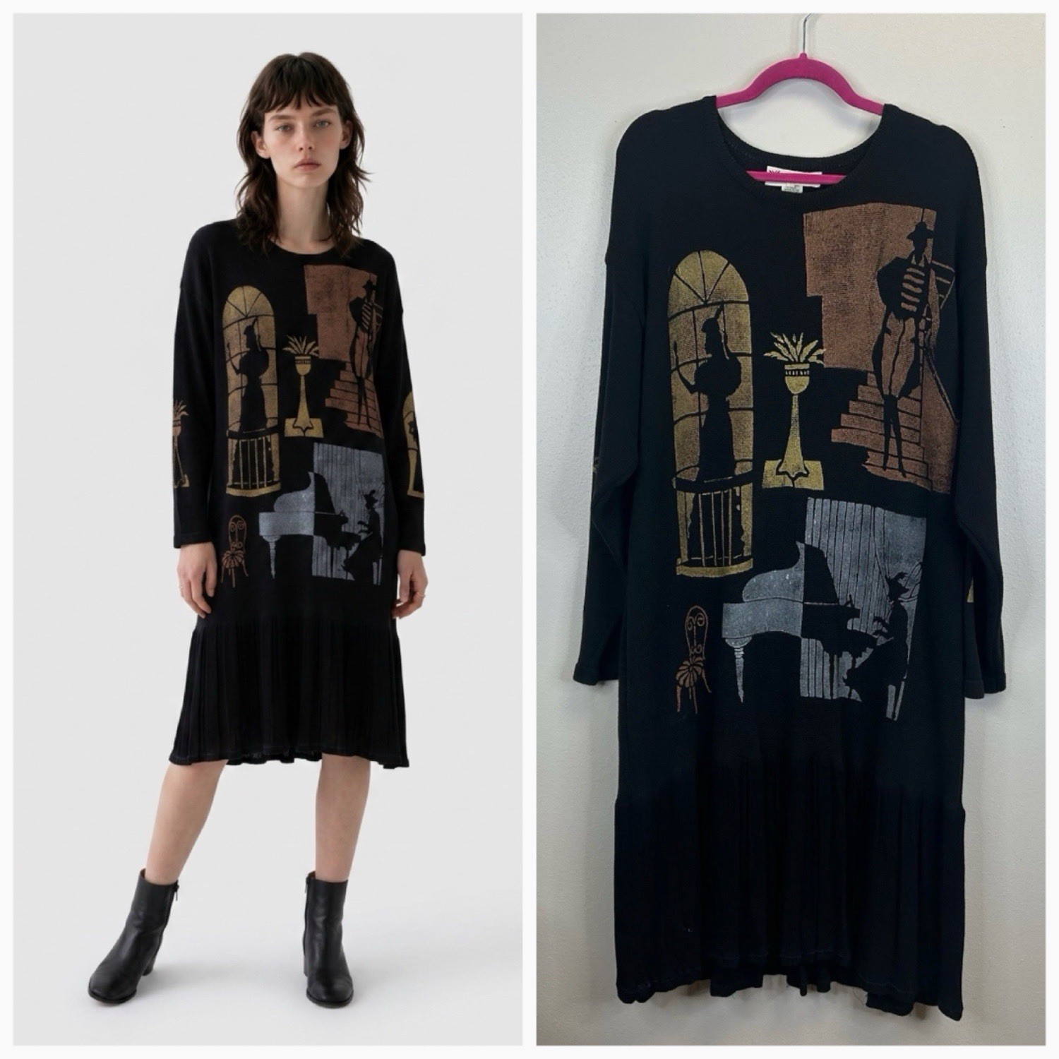 Vintage 90s Art to Wear Hand painted Dress Size M/L Lagenlook Boho Artsy City