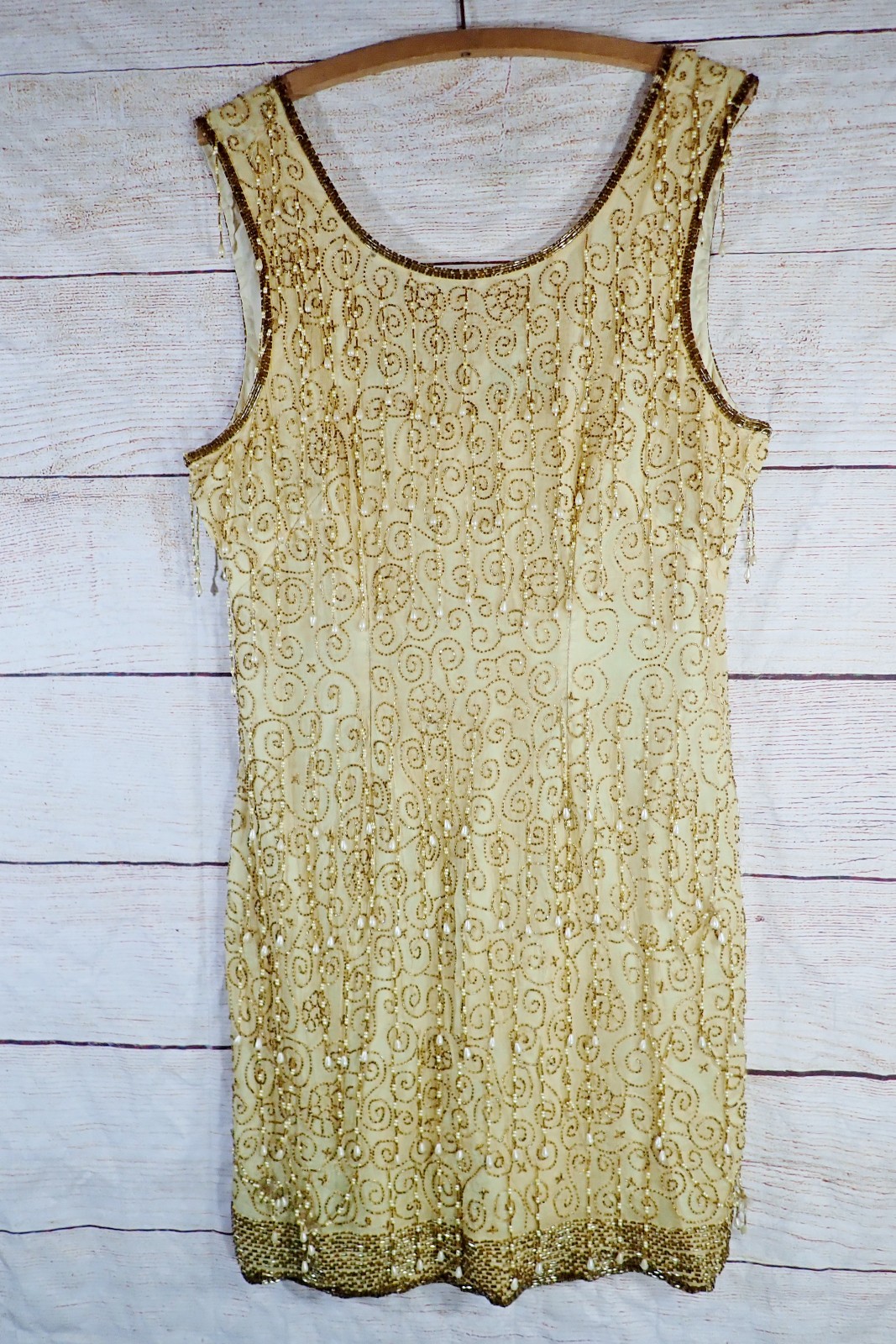 Vtg PARTY TIME Silk Beaded Sequin Gold Flapper Style Gatsby Dress M/L Cocktail