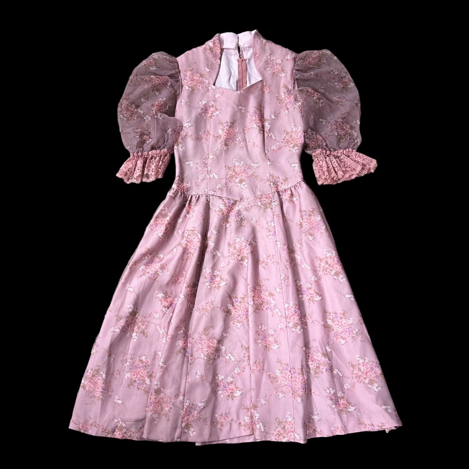 Vintage 1980s Pretty In Pink Floral Dress Shear Puffy Sleeve Rose Flower Cottage