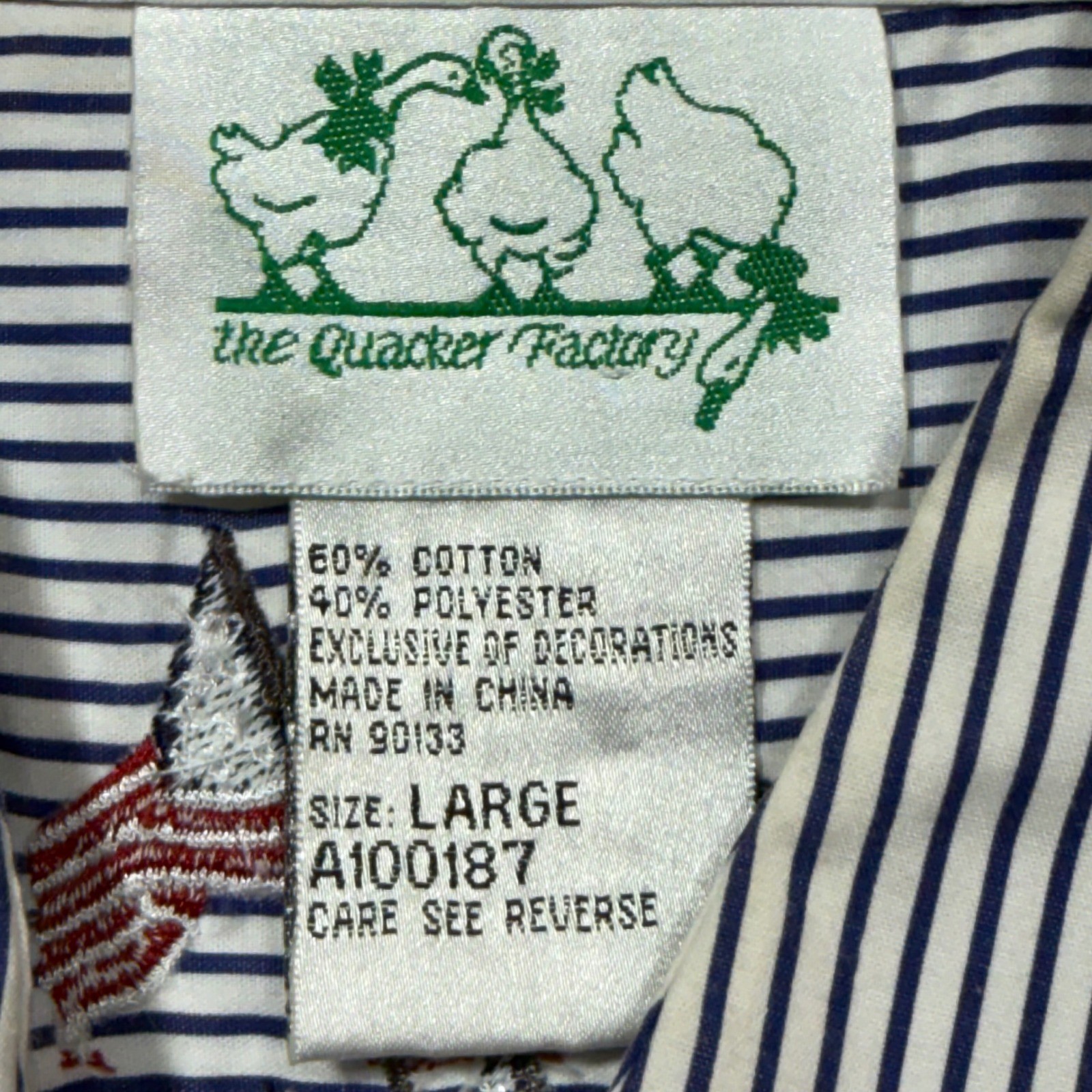 Vintage Quacker Factory Large Blue White Striped Patriotic Flag Shirt 90s Cotton