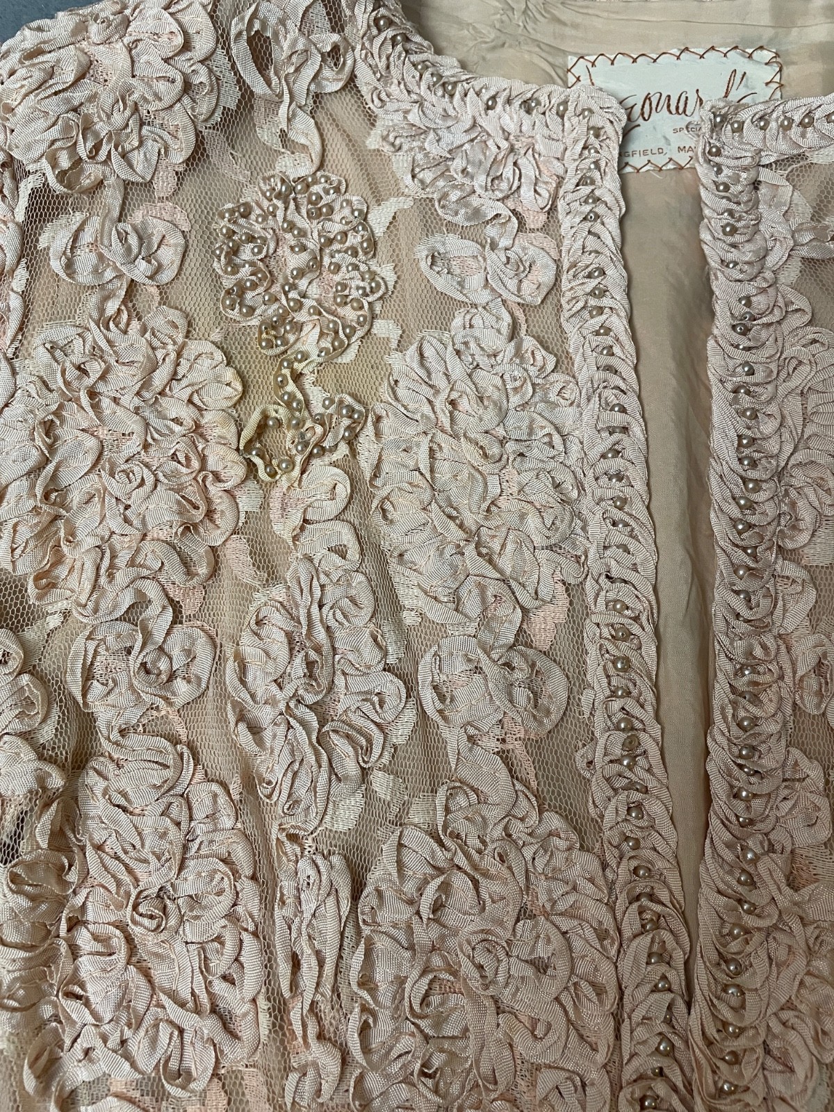 Vintage 50s Leonards Lace Jacket Top Set Small Pink Ribbon Pearl Embroidery VTG