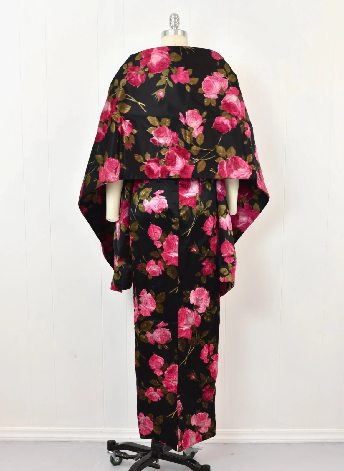 Vintage 1960s Mr. Blackwell Pink Floral Black Silk Gown Dress with Matching Wrap