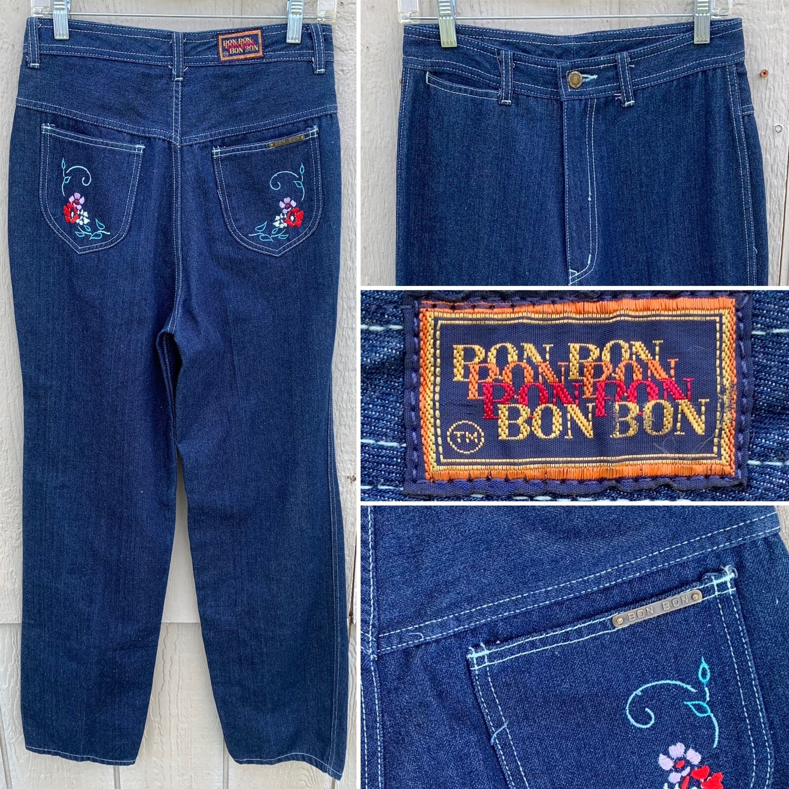vintage Bon Bon jeans floral embroidered pockets 70s 80s size 15 29 inch waist