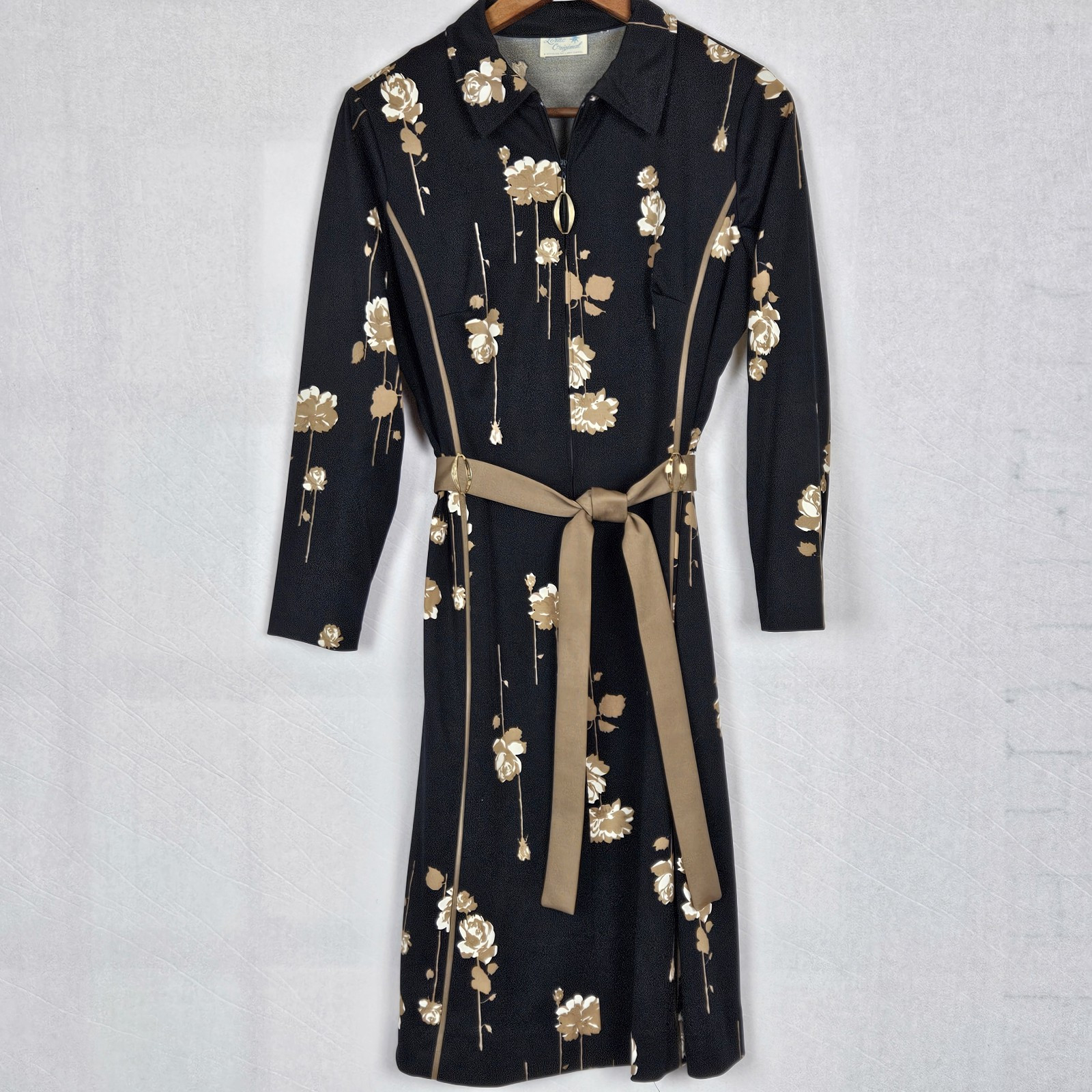 Vintage Lorac Original Lady Carol Dress With Belt Black With Taupe Roses Sz M